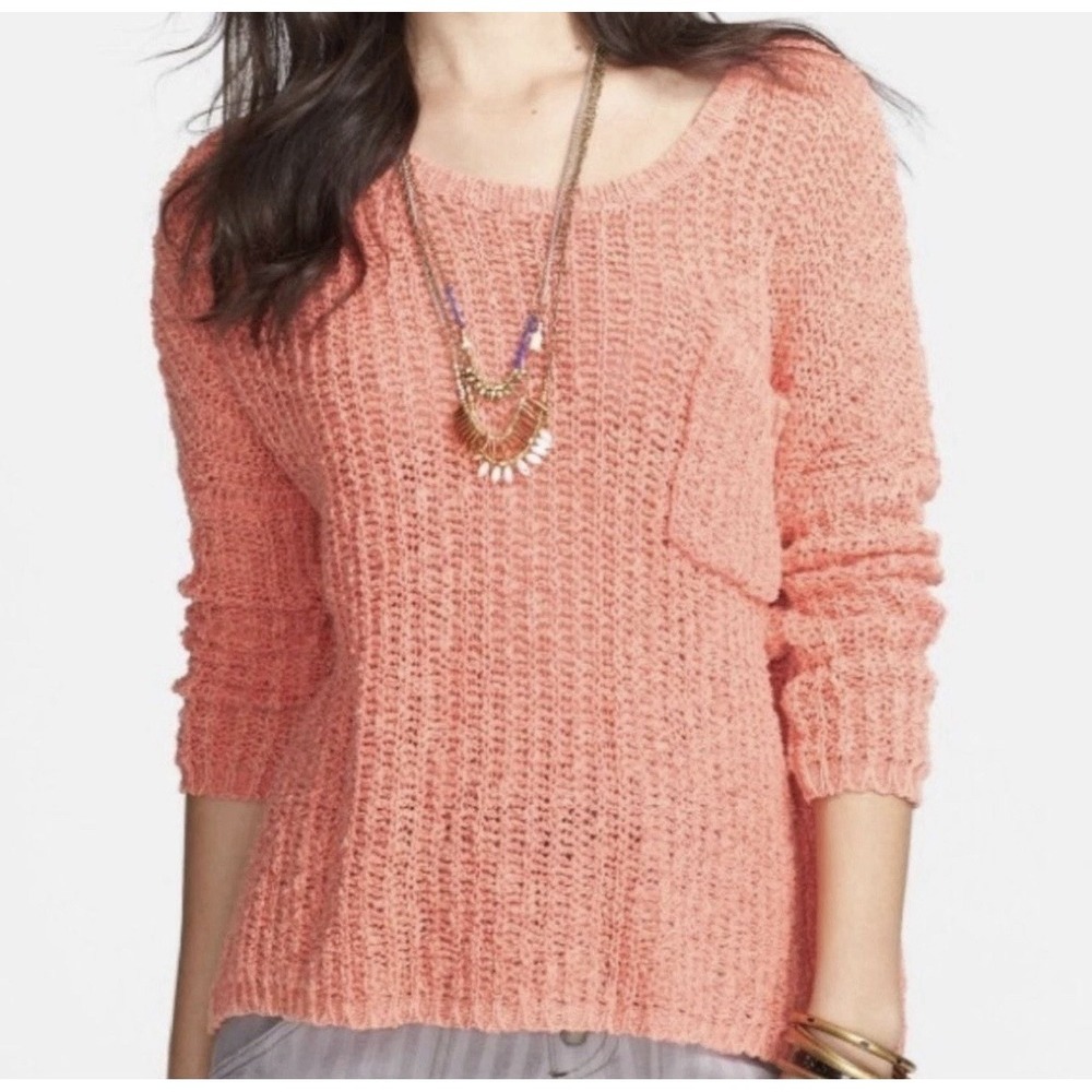 Free People Women's Sz S Orange Peach Knit Pullover Sweater Oversized Boho Beach
